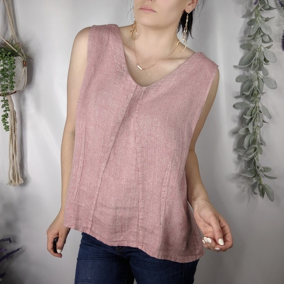 Flax Tops - FLAX 100% linen woven pink shell tank v-neck 0820